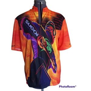 Sugoi cycling short sleeve, orange and black graphic racing jersey, XL